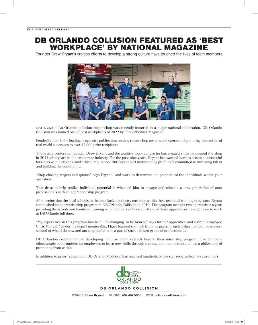 DB Orlando Collision Has Been Featured as "Best Workplace" by National Magazine