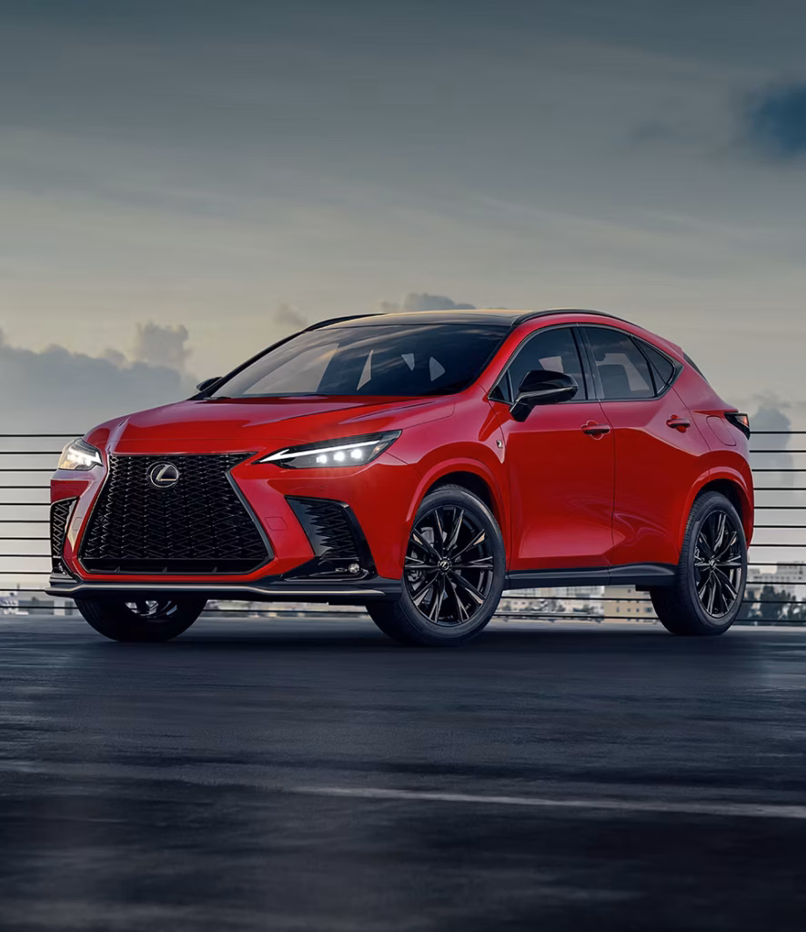 Lexus NX in red parked on a rooftop, showcasing sleek design and modern features, representing quality auto body repair and collision services at db Orlando Collision.