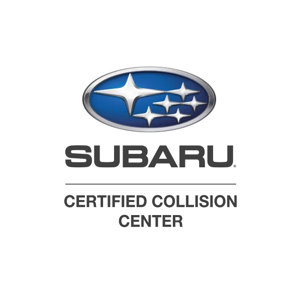 Subaru logo with text emphasizing Subaru Certified Collision Center and commitment to factory repair standards for safety and quality.