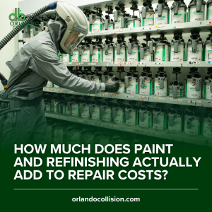 Auto body technician wearing protective gear selecting paint in a professional mixing room, with shelves of automotive paint containers; on-image text asks how much paint and refinishing add to repair costs.