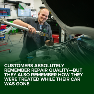 Auto body technician working under the hood of a vehicle in a collision repair shop, using specialized tools during the repair process; on-image text emphasizes that customers remember both repair quality and how they were treated throughout the experience.