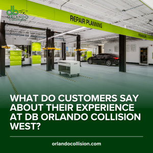 Interior of a modern auto body repair facility with clearly marked repair planning and pre-measure areas, featuring a vehicle staged for service; on-image text asks what customers say about their experience at DB Orlando Collision West.