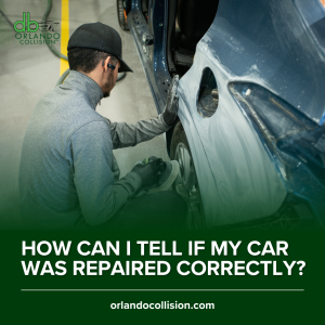 Auto body technician sanding and inspecting a vehicle&rsquo;s rear quarter panel during the repair process inside a collision repair shop; on-image text asks how to tell if a car was repaired correctly.